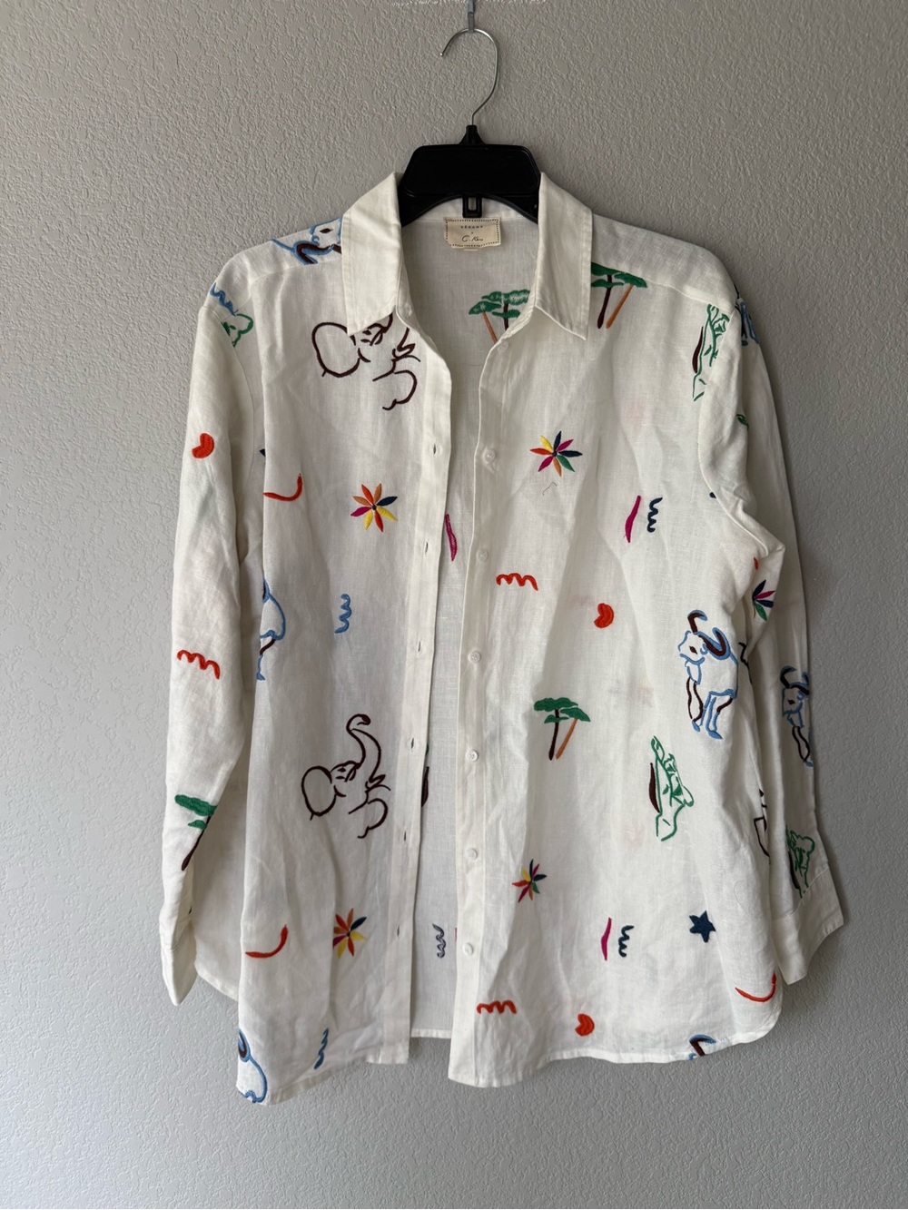 Women’s Sézane Embroidered White Button Up Cotton Linen Blend